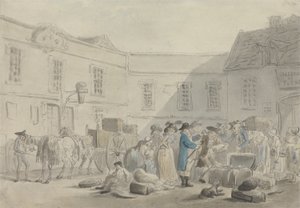 ブローニュの税関-verso：馬、馬車、建物のグラファイトスケッチ（ペンとインクと紙にw - c） 作： Thomas Rowlandson