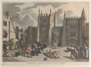 マグダレン カレッジ、オックスフォード、1811 年 10 月 31 日、1811 年 10 月 31 日の回廊への入り口。 作： Thomas Rowlandson