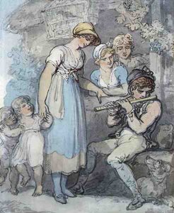 フルート奏者」（紙にペン、水彩、鉛筆 作： Thomas Rowlandson
