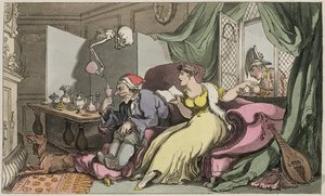 ハネムーン、「死のイングリッシュダンス」のイラスト、パブ。 R.アッカーマン（カラー彫刻） 作： Thomas Rowlandson