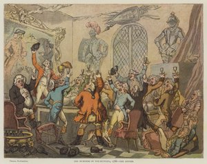 キツネ狩りのユーモア、1788、夕食（クロモリト） 作： Thomas Rowlandson