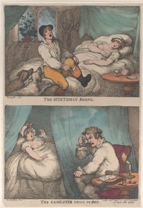 The Huntsman Rising、The Gamester Going to Bed、[1809 年 7 月 31 日]、...、[1809 年 7 月 31 日]、1811 年に再発行。 作： Thomas Rowlandson