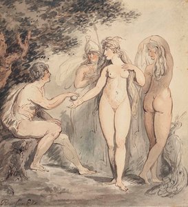 パリの審判 左下にサイン「Rowlandson」 ペン、茶インク、水彩 7 ¼ x 6 ¾ in.(18.4 x 17.2 cm.) 作： トーマス・ローランドソン