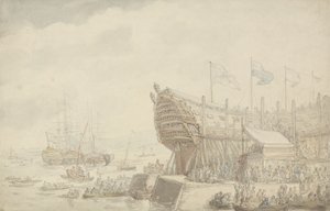 デボンポートでのHMS「ヒベルニア」の発売、1804年頃（紙にペンとインクと水彩）