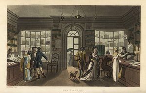 図書館の様子。循環図書館（エインズワースの図書館か、サウムの図書館か、ホワイティングの図書館か）で新しい本を見ている女性と黒人の召使を含む客たち。Poetical S』のJ. GreenのスケッチにThomas Rowlandsonが描いた手彩色の銅版画。 作： Thomas Rowlandson
