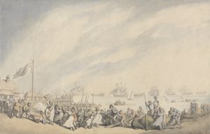 1797年のオランダの敗北後のグレートヤーマスへの艦隊の帰還、1797年頃（紙にペンとインクと水彩画） 作： Thomas Rowlandson