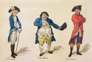 ライバル候補者、 『ウェストミンスター選挙の歴史』の本の最前線..恋人の真実と正義、1784年（カラーエッチング） 作： Thomas Rowlandson