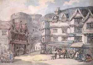 エクセターの南門（ペン、水彩、鉛筆、紙） 作： Thomas Rowlandson
