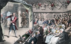 ステージ、パブ、オリバーゴールドスミスの「ウェイクフィールドの牧師」のイラスト。アッカーマン、1817年（手彩色のアクアチント） 作： Thomas Rowlandson