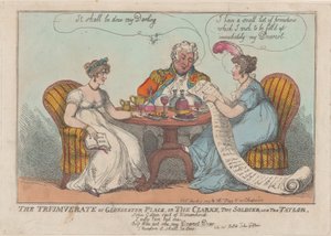 グロスタープレイスの三頭政治、またはクラーク、ソルジャー、テイラー、1809., 1809. 作： Thomas Rowlandson