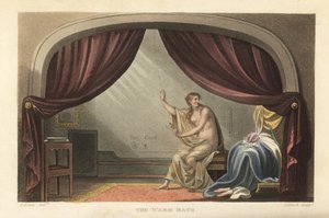 The Warm Bath：摂政時代の部屋でカーテンの後ろで入浴する裸の女性。ジョージ4世の愛人、メアリー・ロビンソンの肖像画と言われている。トーマス・ローランドソンによる手彩色銅版画、J.Bluckによるアクアチント、J.Greenによるスケッチの後、P 作： Thomas Rowlandson