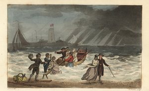 The Water Party：悪天候のために船旅を放棄する観光客。Poetical Sketches of Scarborough, Ackermann, LondonのJ.Greenのスケッチに基づくThomas Rowlandsonによる手彩色銅版画、J.C.Stadlerによるアクアチント。 作： Thomas Rowlandson