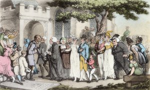 ウェディング、パブ、オリバーゴールドスミスの「ウェイクフィールドの牧師」のイラスト。アッカーマン、1817年（手彩色のアクアチント） 作： Thomas Rowlandson