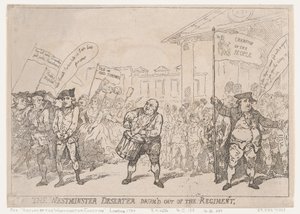 1784 年 5 月 18 日、1784 年 5 月 18 日、ウェストミンスター脱走兵が連隊から叩き出されました。 作： Thomas Rowlandson