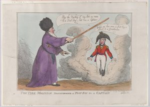 フットボーイをキャプテンに変身させるヨークの魔術師、1809 年 2 月 25 日、1809 年 2 月 25 日。 作： Thomas Rowlandson