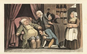 孤児のジョニーは、父であるシンタックス博士と再会する。老人は痛風を和らげるためにバケツの中の温水に足を入れている。本屋、料理人、ベティ・ブルームが見守っている。トーマス・ローランドソンによる手彩色の銅版画（ウィリアム・コム著『The Hist』より 作： Thomas Rowlandson