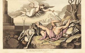 永遠の天使の下には、死と時間の父の骸骨が広がっています。トーマス・ローランドソンが描いて彫った手彩色の銅版画（『英国式死の舞踏』より）、アッカーマン、ロンドン 作： Thomas Rowlandson