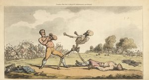 死の骸骨は素手の賞金首とボクシングをし、もう一人のボクサーは地面に横たわり、観客は恐怖で逃げ惑う。トーマス・ローランドソンが描いて彫った手彩色の銅版画、『英国式死の舞踏』より、アッカーマン、ロンドン 作： Thomas Rowlandson
