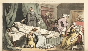 妻子に喪われた善人の遺体に司祭が祈りを捧げる中、死の骸骨が博士を迎えに来る。トーマス・ローランドソンが描いて彫った手彩色の銅版画、『英国式死の舞踏』より、アッカーマン、ロンドン