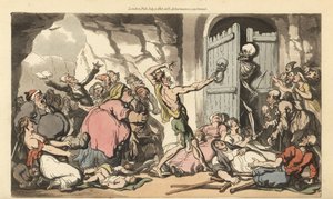 死の骸骨は、死の扉の後ろから、人生の苦悩から解放されるのを待っている、肥満した人、足の悪い人、不具の人、年老いた人、心神喪失した人などの群衆を見ている。トーマス・ローランドソンが描いて彫った手彩色の銅版画で、『イングリッシュ・ダンス・オブ・ザ・イヤー』より。