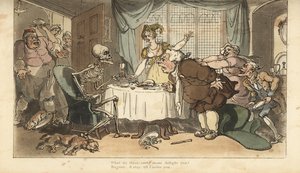 ダーツと砂時計を持った死の骸骨が、大食いの人が夕食を食べるときにやってくる。トーマス・ローランドソンが描いて彫った手彩色の銅版画、『英国式死の舞踏』より、アッカーマン、ロンドン