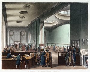 17世紀、英国ロンドンのタワー・ストリートにあったエドワード・ロイド（1713年没）の喫茶店で取引を開始した保険会社、ロイド・オブ・ロンドンの引受室。 作： Thomas Rowlandson
