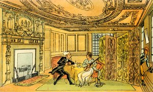 望郷の未亡人へのシンタックス博士の訪問」。 作： Thomas Rowlandson