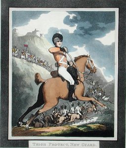 1798年に出版された「ハンガリーとハイランドの大剣」より、新兵の太ももの保護（アクアチント）