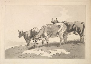 フィールドの尾根に立っている3頭の牛、1784-87。 作： Thomas Rowlandson