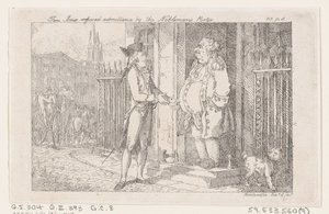 トム・ジョーンズは貴族のポーターに入場を拒否された（『トム・ジョーンズの歴史』より）。 作： Thomas Rowlandson