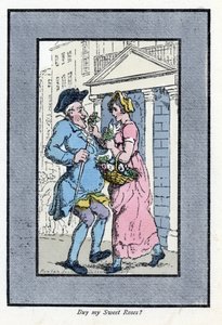 小さなバラの花束を持って微笑む紳士に近づく旅の花売り（1819年）。トーマス・ローランドソン（1756-1827）の絵をもとにした木版画で、『The Cris of London: with six charming children and nearly 40 illustrations, b』に掲載されています。 作： Thomas Rowlandson