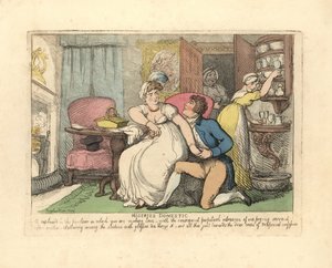 詮索好きなメイドに邪魔されながら、応接室にいる二人の恋人。 作： Thomas Rowlandson