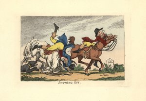 ショーイングオフして落馬する二人の男。ショーイングオフ。 作： Thomas Rowlandson
