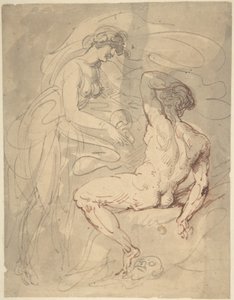 座っている男性のヌードと会話している女性 作： Thomas Rowlandson
