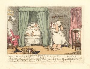 夜中にピッチャーの水を自分の上にこぼす女性。 作： Thomas Rowlandson