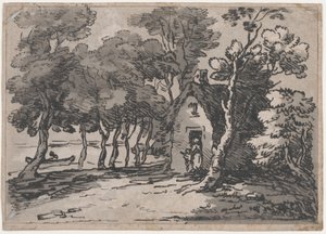 コテージのドアに人物がいる樹木が茂ったシーン、1783-88。、1783-88。 作： Thomas Rowlandson