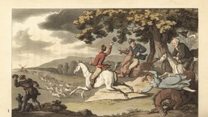 スタッグハントで猟犬と一緒に走る若い英国紳士 作： Thomas Rowlandson