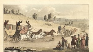 道路で4頭立ての馬車を走らせる若い英国紳士たち 作： Thomas Rowlandson