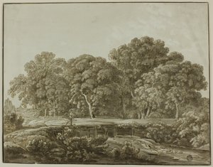 渓流に架かる橋を渡る人影のある風景 作： Thomas Sandby