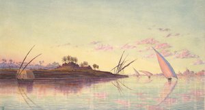 1855年頃のカイロ近郊のナイル川の眺め。 作： Thomas Seddon