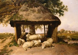 避難所の下で休んでいる羊 作： Thomas Sidney Cooper