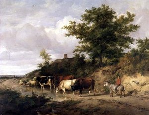 ロバに乗った少年と浅瀬の牛のいる森の風景 作： Thomas Sidney Cooper
