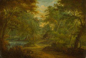小川と漁師のいる森の風景 作： Thomas Smith of Derby
