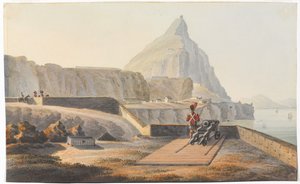 1827 年 3 月、ジブラルタルの岩の上のガバナーズ コテージ (水彩画) 作： Thomas Staunton St Clair