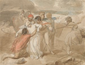海から救出され、上陸を支援した女性、手漕ぎボート、救助者を背景に 作： Thomas Stothard