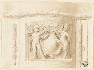 レリーフ付きピラスターのベース、2つのプッチ、シールド付き 作： Thomas Stothard