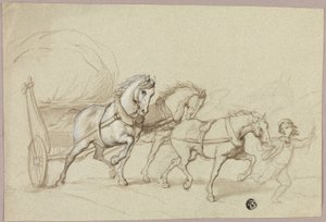 3 頭の馬と荷馬車を率いる子供 作： Thomas Stothard