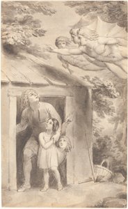 ピーターと彼の子供たちに 3 人の空飛ぶ人物が訪れた 作： Thomas Stothard