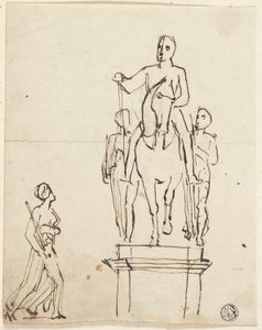 2 人の立像を伴う騎士の彫刻、後者の 1 つのスケッチ付き 作： Thomas Stothard