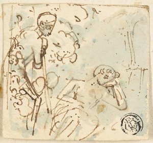 眠っている女性を見て、スタッフにもたれかかる男性のスケッチ 作： Thomas Stothard